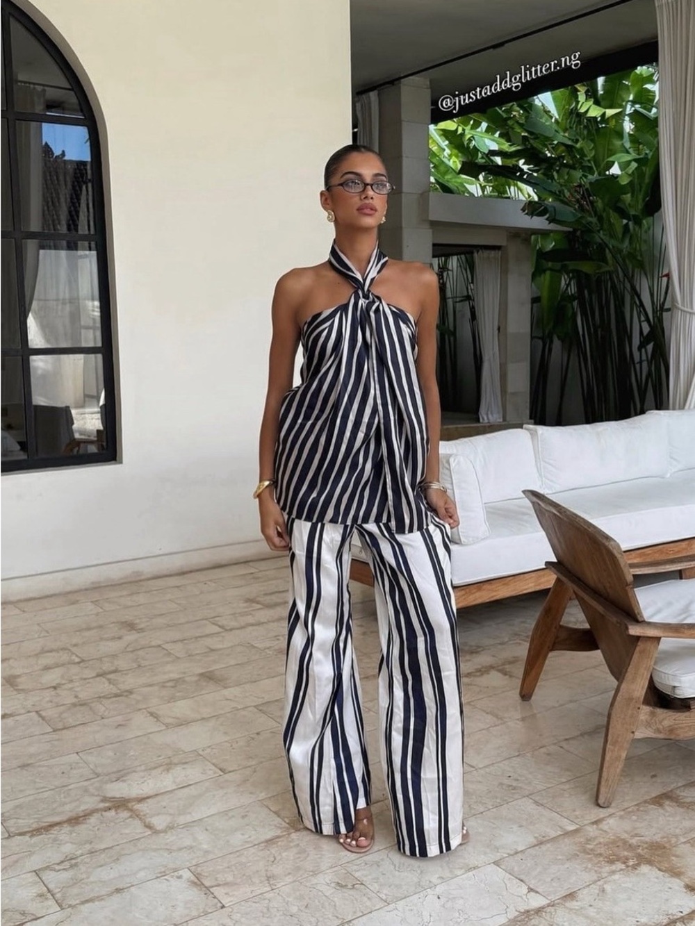 Striped Halter Draped Top - Blue & White